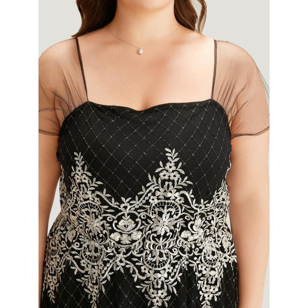 Plus Size Embroidered Pocket Mesh Patchwork Tank Dress Black Women Glamour Texture Square Neck Sleeveless Curvy Midi Dress BloomChic 26/4X Product Image