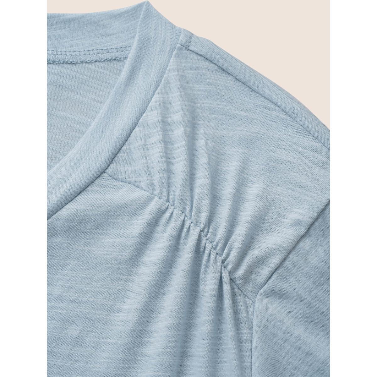 Plus Size Plain Ruffle Sleeve Heather V Neck T-shirt LightBlue Women Casual Plain V-neck Everyday T-shirts BloomChic 14-16/1X Product Image
