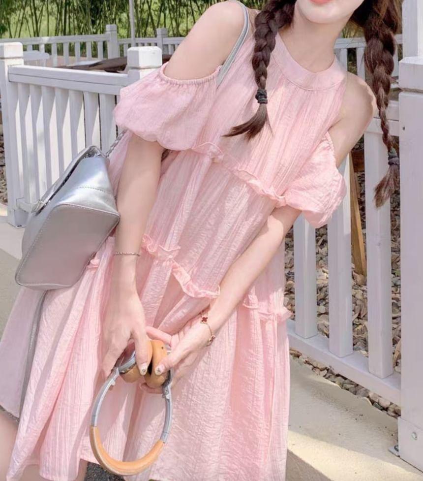Puff-Sleeve Cold-Shoulder Plain Ruffle Sundress Product Image