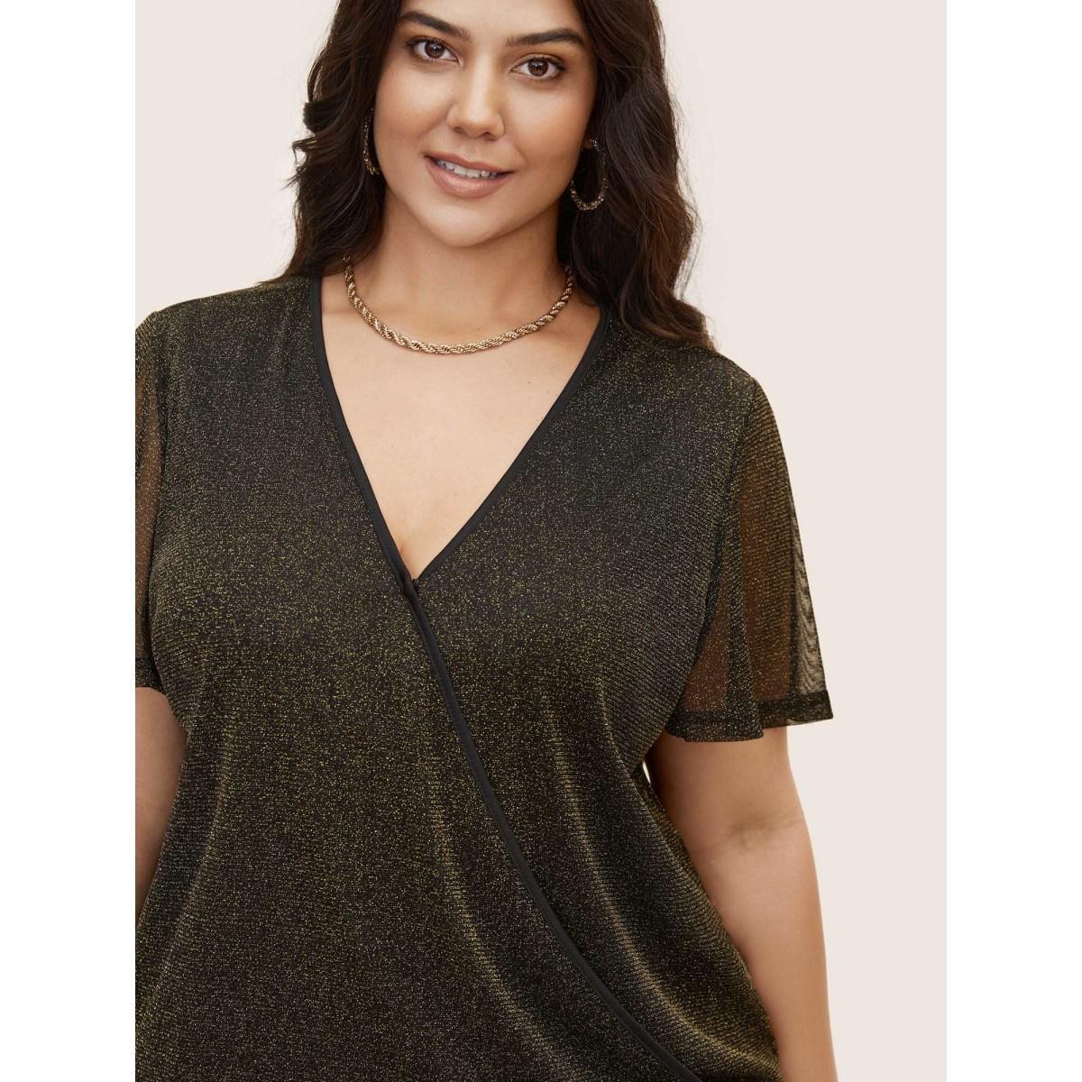 Plus Size Black Overlap Collar Metallic Luster Knitted Mesh Blouse Women Cocktail Short sleeve Overlap Collar Party Blouses BloomChic 14-16/1X Product Image