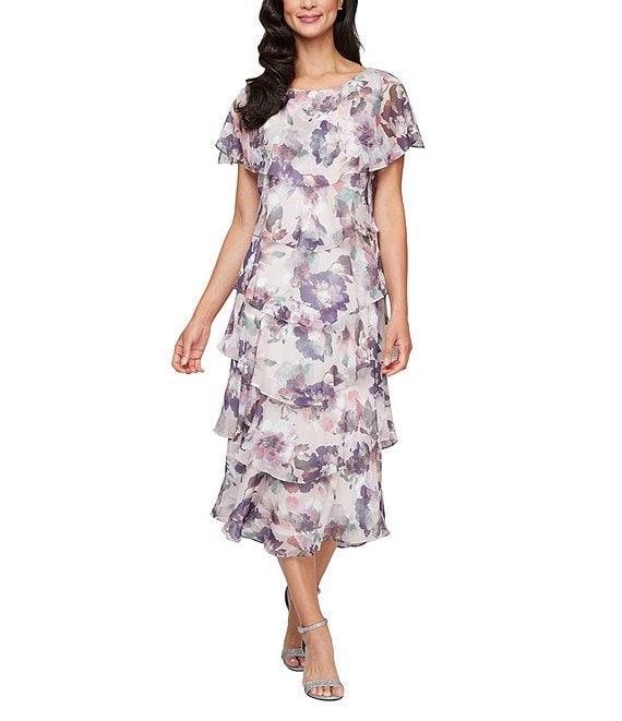 Ignite Evenings Floral Print Chiffon Scoop Neck Capelet Short Sleeve Tiered Midi Dress Product Image