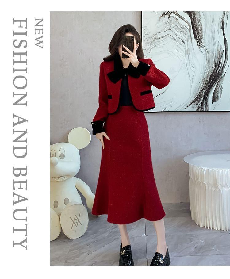 Set: Bow Contrast Trim Jacket + High Rise Mini Mermaid Skirt Product Image