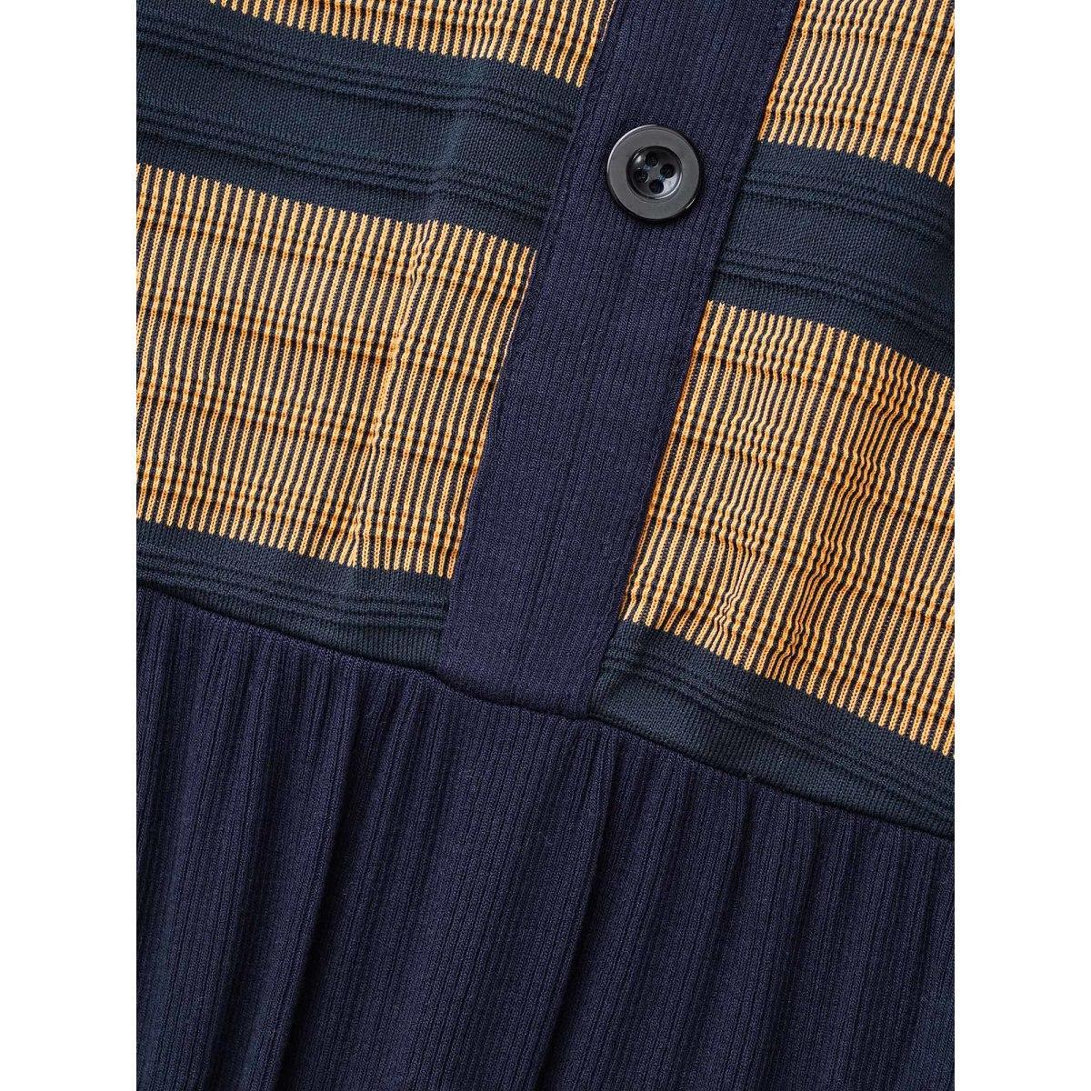 Plus Size Striped Contrast Elastic Waist Dress Yellowishbrown Women Casual Contrast Round Neck Elbow-length sleeve Curvy BloomChic 14-16/1X Product Image