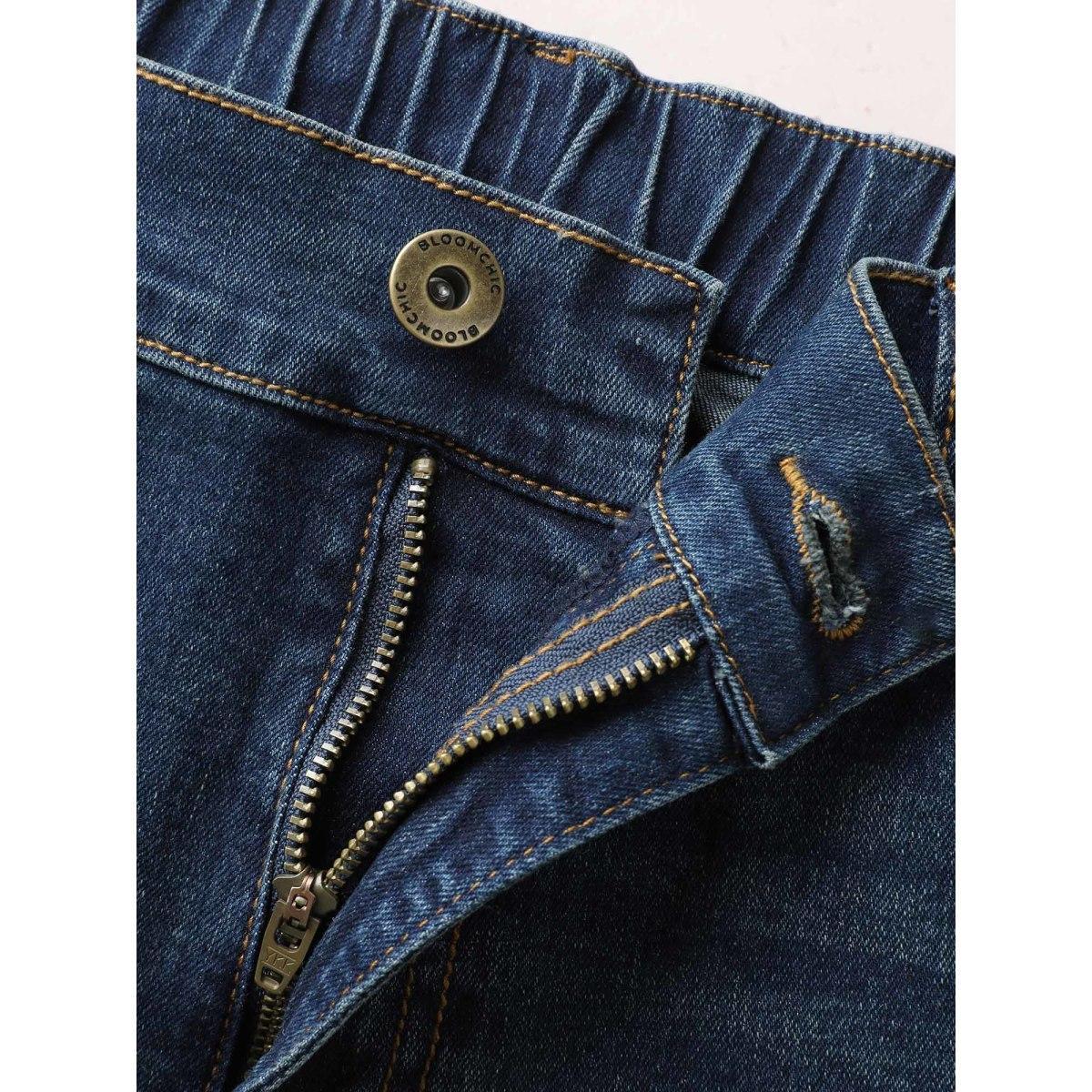 Plus Size Stretch Denim Pocket Distressing Slim-Fit Jeans Women Bluevintage Casual Button Medium stretch Slanted pocket Jeans BloomChic 30/6X Product Image