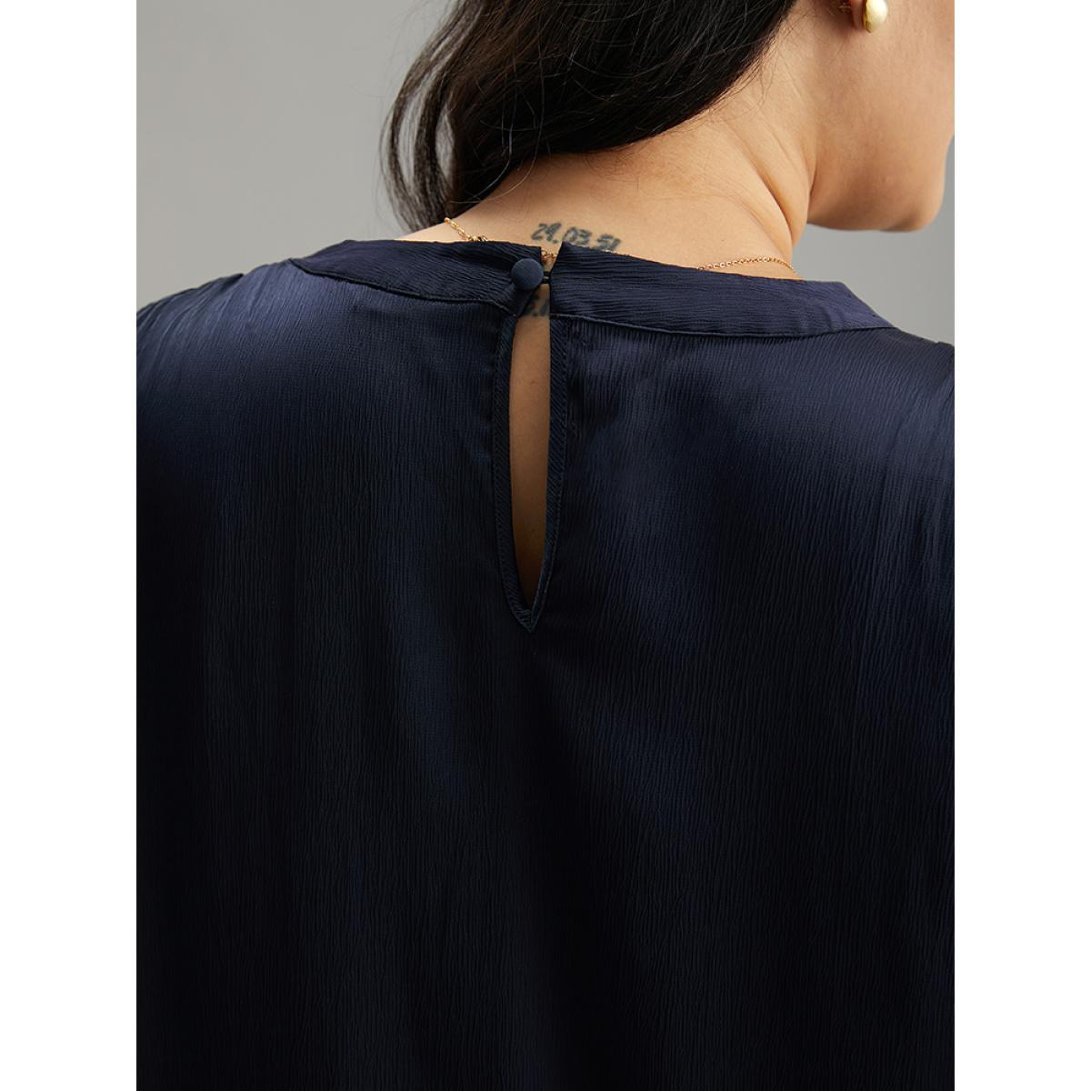 Plus Size Indigo Static-Free Plain Gathered Blouse Women Office Long Sleeve Round Neck Work Blouses BloomChic 22-24/3X Product Image