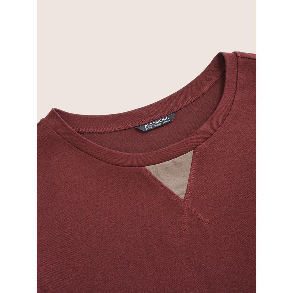 Plus Size Two Tone Patchwork Button Front T-shirt Burgundy Women Casual Contrast Plain Round Neck Dailywear T-shirts BloomChic 26/4X Product Image