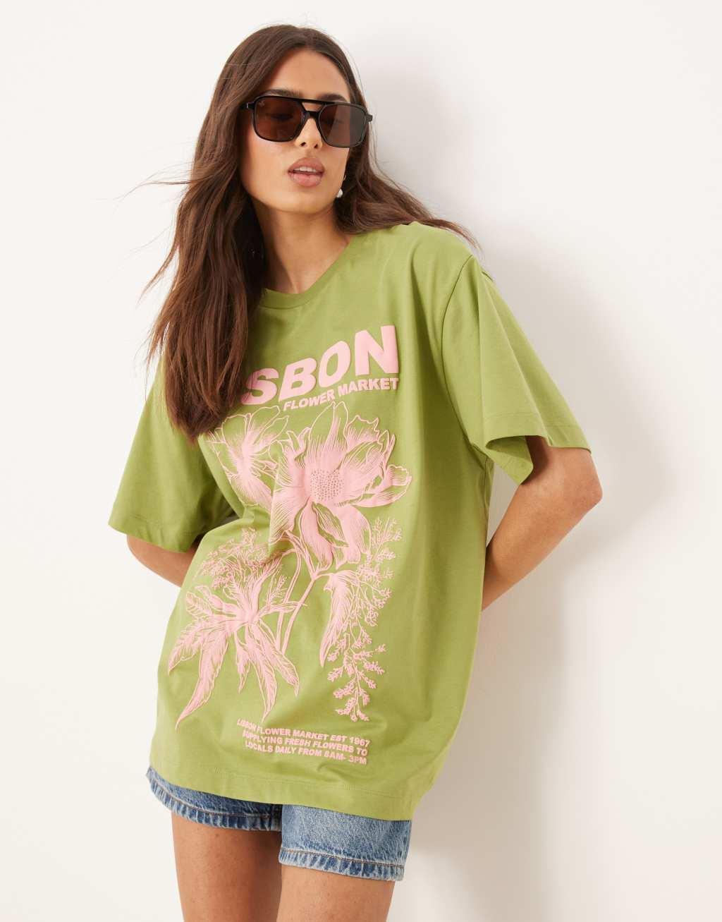 ASOS DESIGN oversized T-shirt with lisbon graphic in khaki Product Image