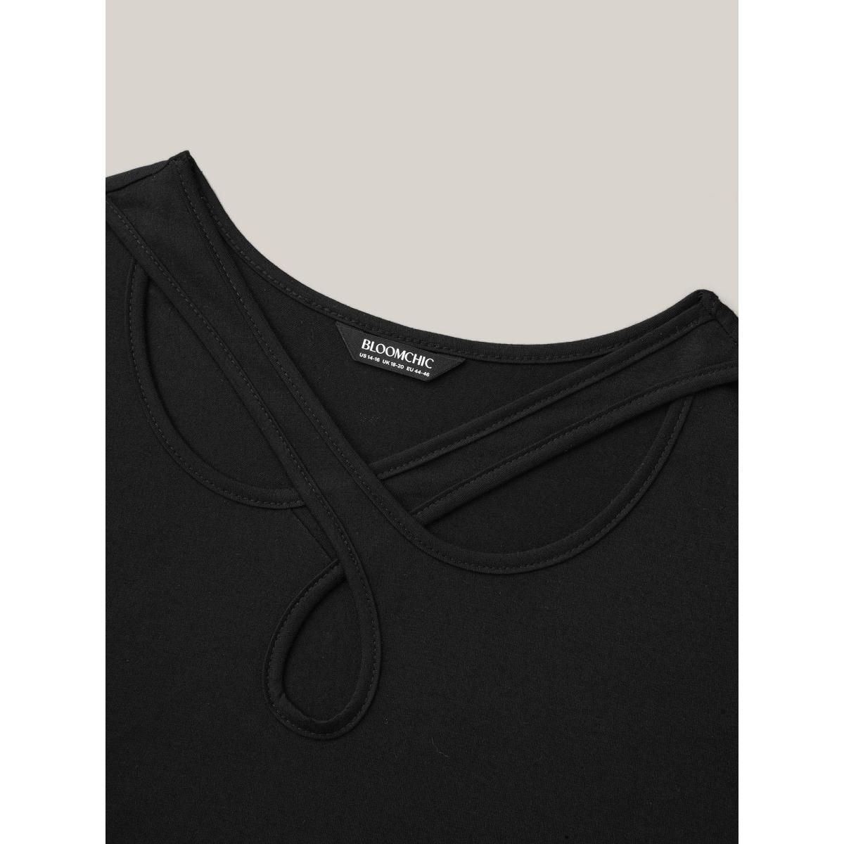 Plus Size Crossover Keyhole Plain Stretchy T-Shirt Black Women Casual Cut-Out Asymmetrical Neck Everyday T-shirts BloomChic 14-16/1X Product Image