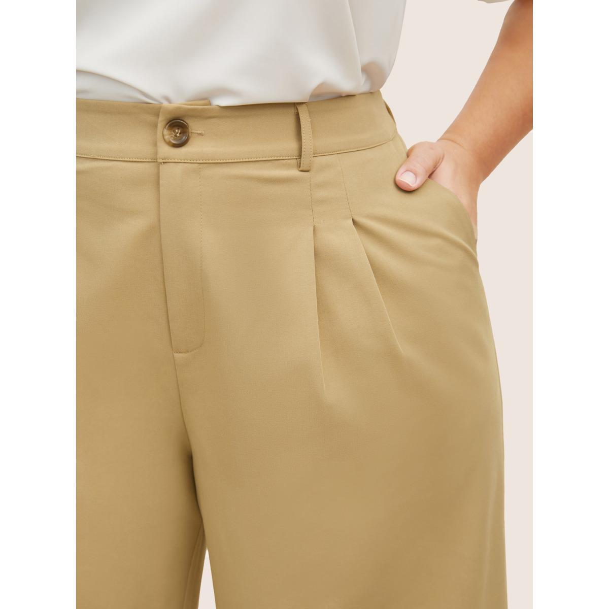 Plus Size Solid Pleated Slanted Pocket Wide Leg Pants Women Champagne At the Office Wide Leg High Rise Work Pants BloomChic 10/M Product Image
