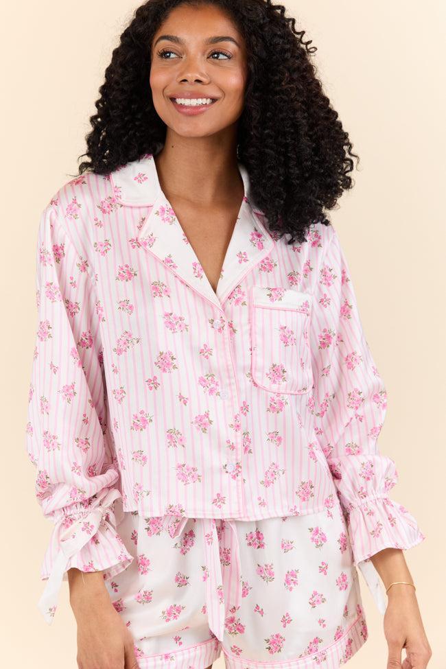 Sleep On My Side Pink Floral Satin Long Sleeve Pajama Top FINAL SALE Product Image