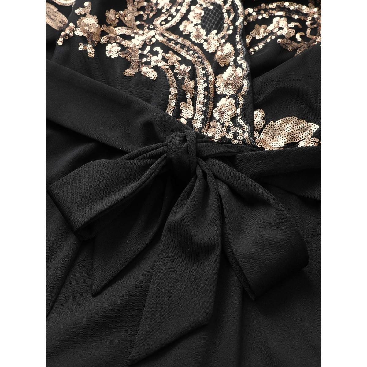 Plus Size Black Sequin Mesh Patchwork Wrap Belted Jumpsuit Women Cocktail Long Sleeve Overlap Collar Party Loose Jumpsuits BloomChic 28/5X Product Image