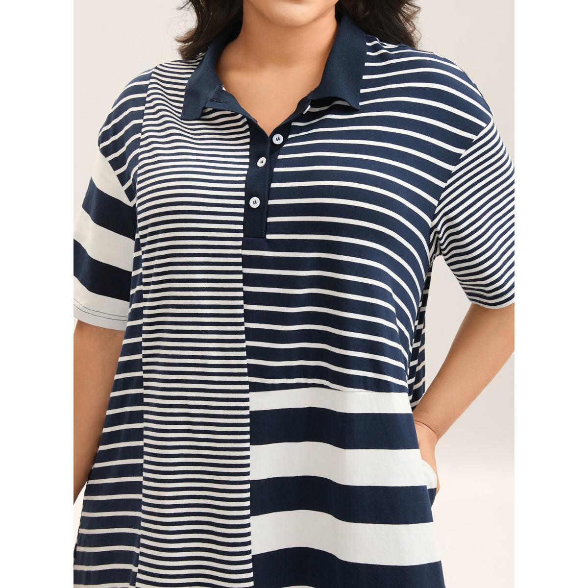 Plus Size Cotton Knit Stripe Print Midi Dress Navy Women Polo Half Sleeve Curvy BloomChic 28/5X Product Image