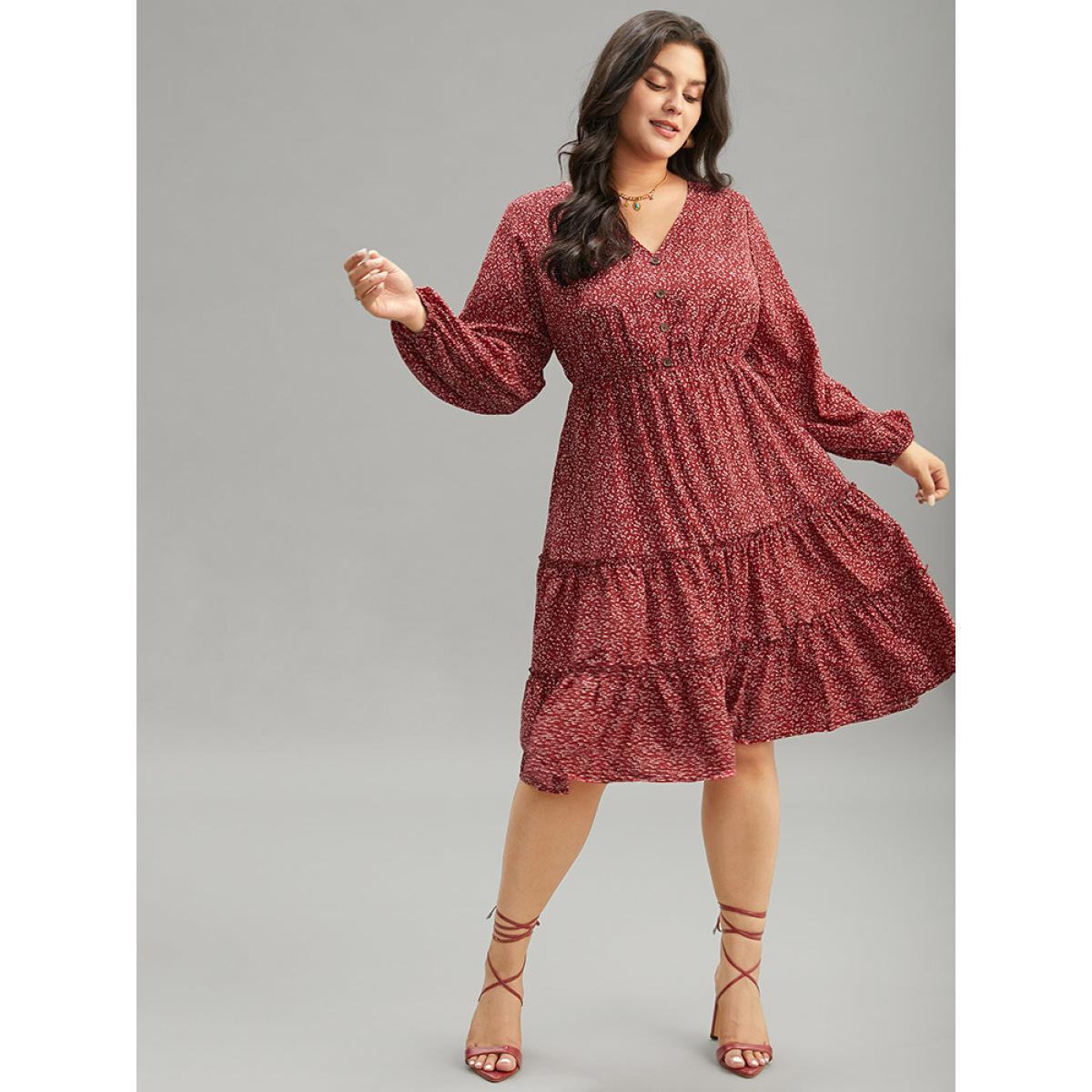 Plus Size Ditsy Floral V Neck Lantern Sleeve Ruffle Layered Hem Dress Scarlet Women Elegant Elastic cuffs V-neck Long Sleeve Curvy Midi Dress BloomChic 30/6X Product Image