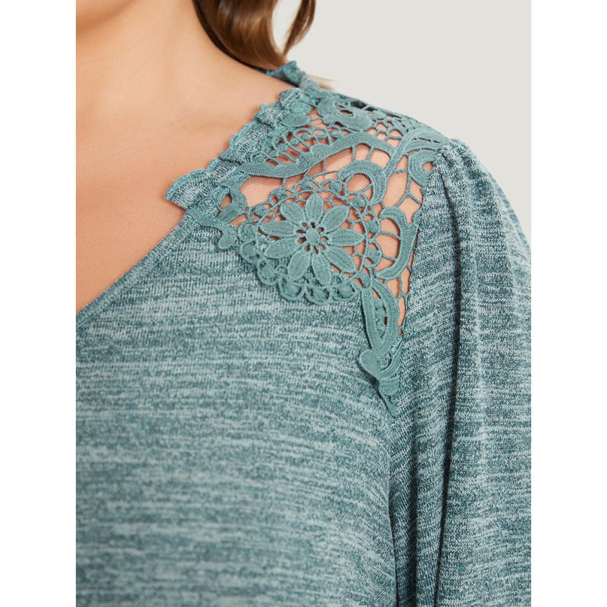 Plus Size Lace Insert Curved Hem Lantern Sleeve Sweatshirt Women Cyan Elegant Elastic cuffs V-neck Dailywear Sweatshirts BloomChic 18-20/2X Product Image