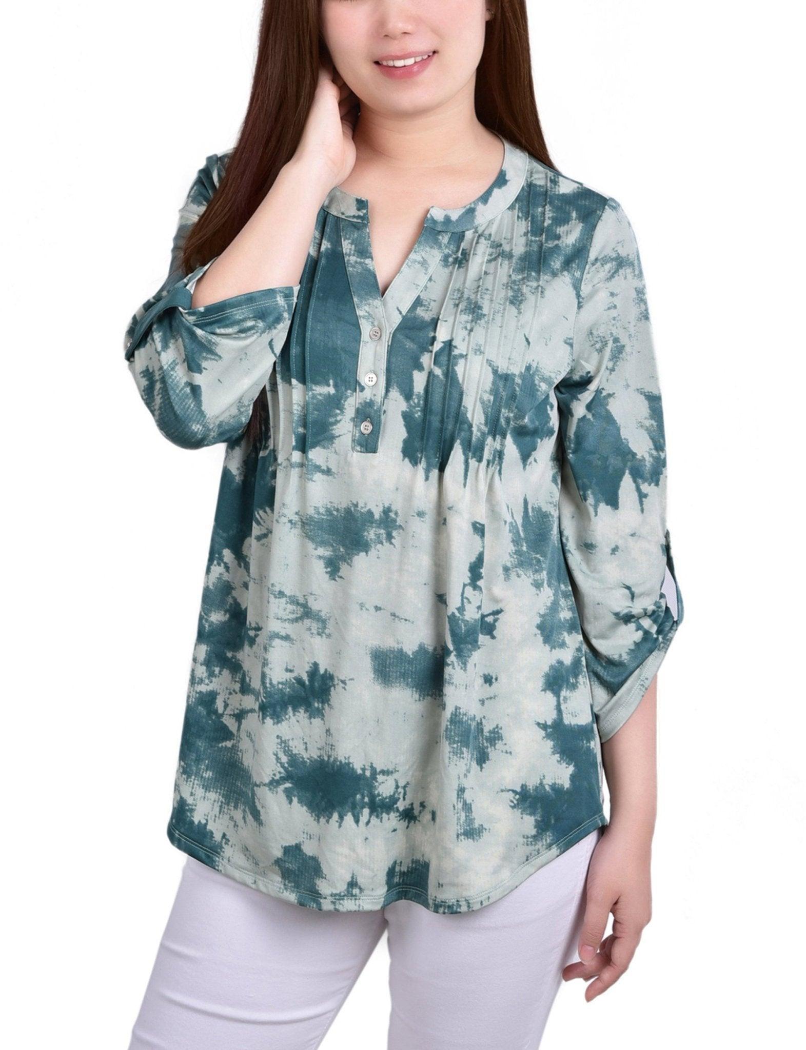 Seafoam Tiedye 3/4 Bell Sleeve Pleat Front Y Neck Top - Petite Product Image
