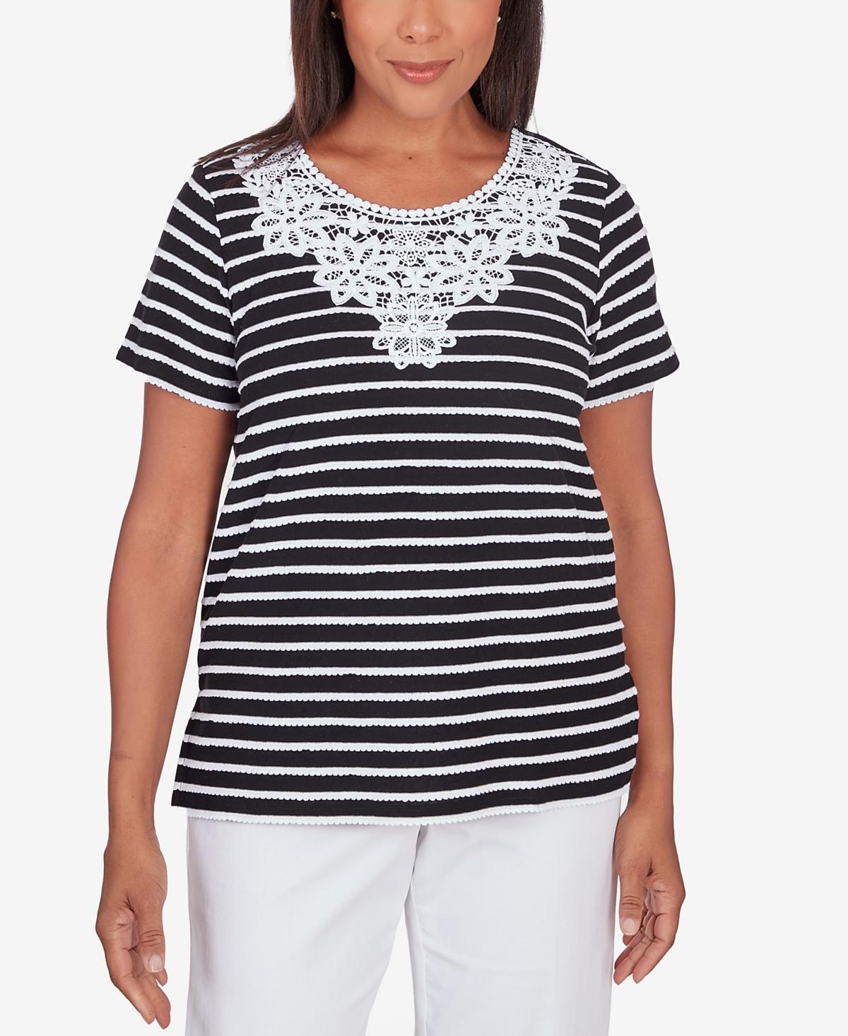 Womens Alfred Dunner Lace Neck Striped Split Hem Tee Grey Gray Product Image