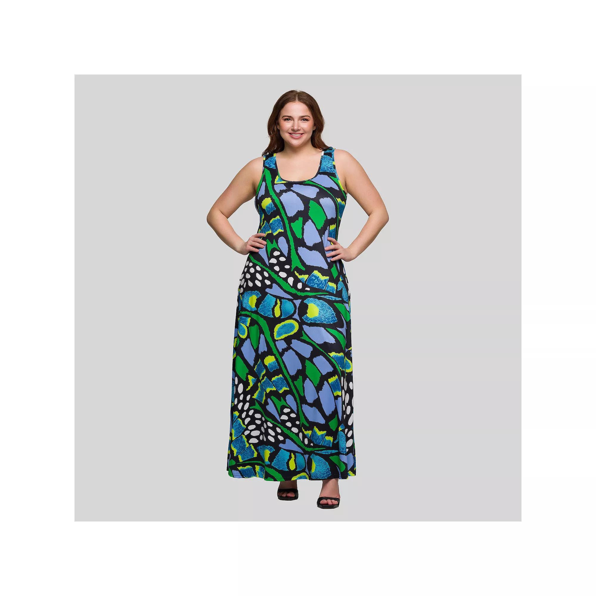 Plus Size 24Seven Comfort Apparel Butterfly Print Scoop Neck A-Line Maxi Dress, Women's, Size: 2XL, Green Team Product Image