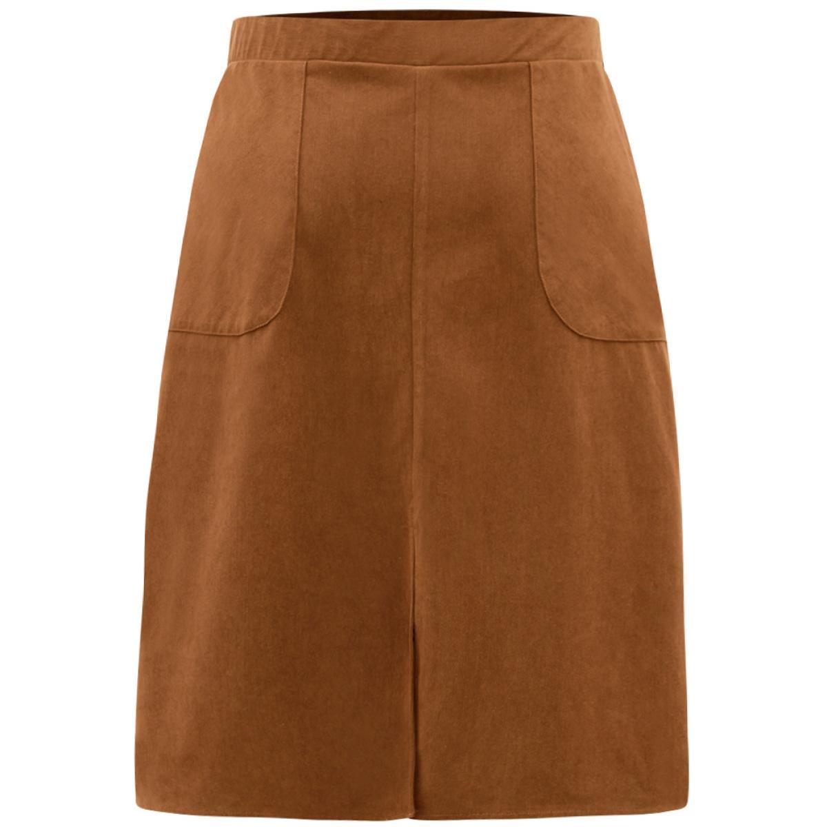 Plus Size Plain Texture Elastic Waist Pocket Split Front Skirt Women Tan Office Texture No stretch Pocket Work Skirts BloomChic 14-16/1X Product Image