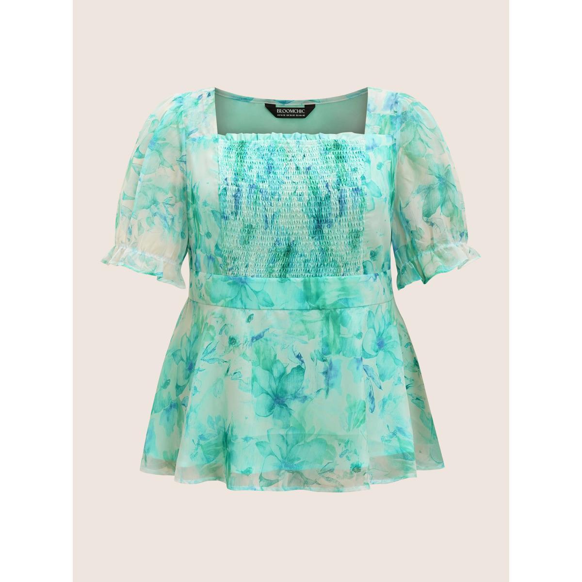 Plus Size Mint Square Neck Watercolor Floral Mesh Shirred Blouse Women Elegant Short sleeve Square Neck Everyday Blouses BloomChic 28/5X Product Image