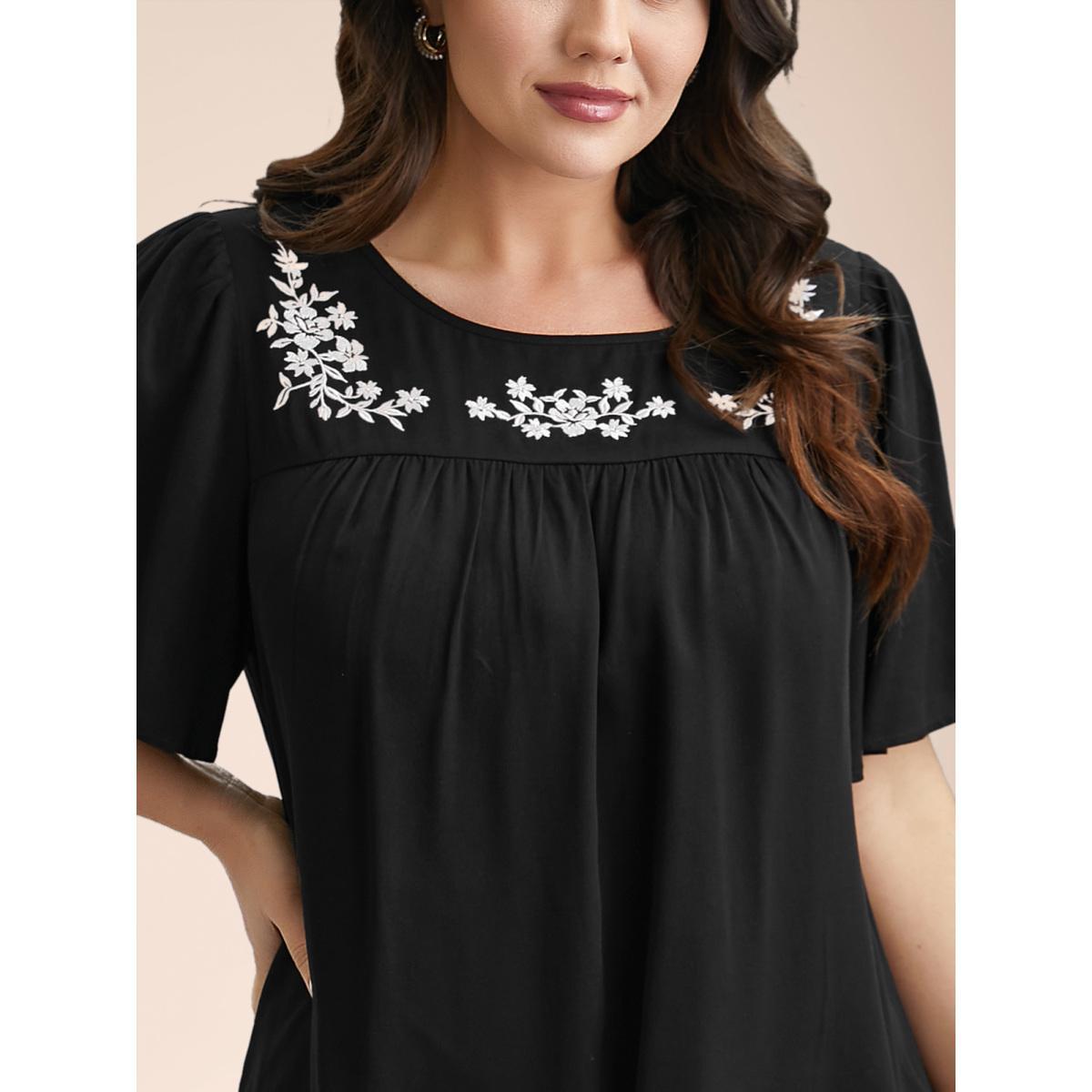 Plus Size Black Floral Embroidery Pleated Front Blouse Women Elegant Short sleeve Round Neck Everyday Blouses BloomChic 18-20/2X Product Image