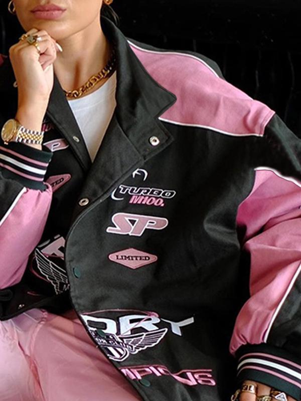 Retro Print Contrast Color Moto Jacket Product Image