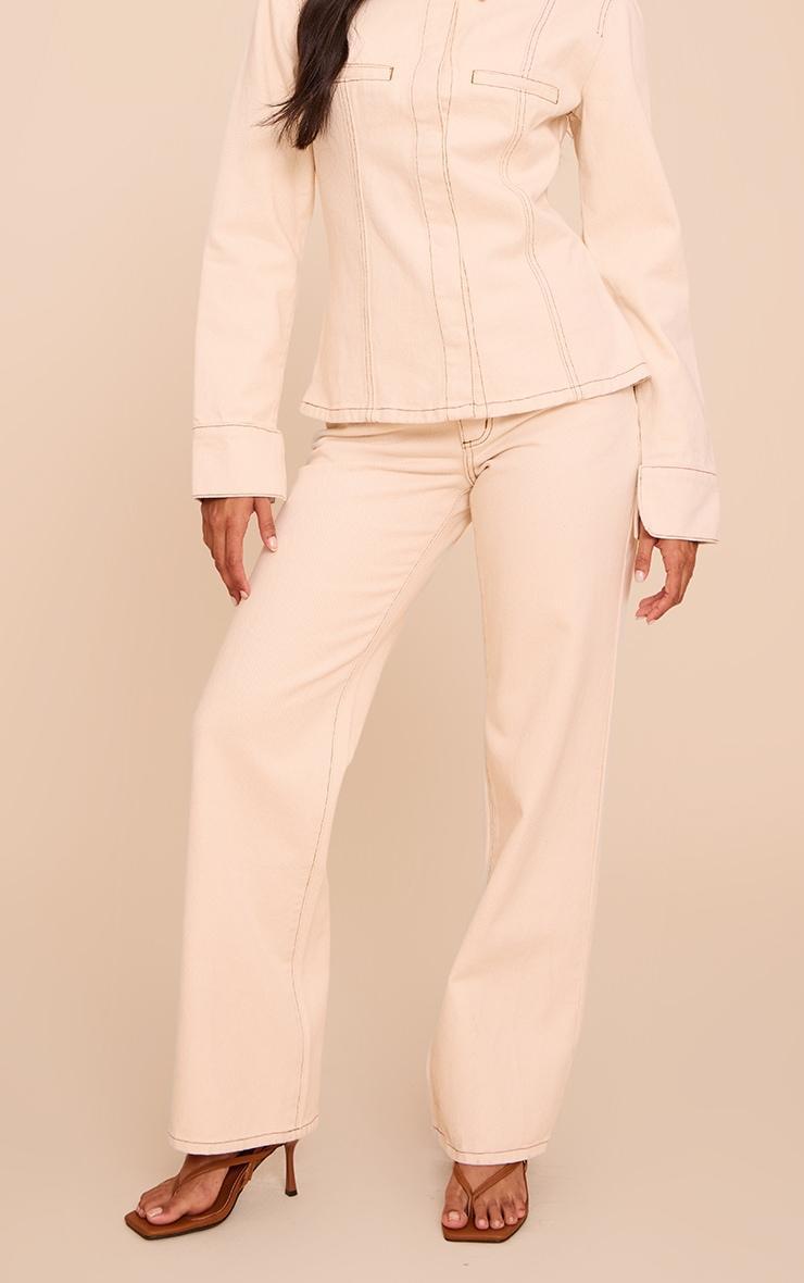 Ecru Linen Look Denim Mid Waist Straight Leg Jeans Product Image