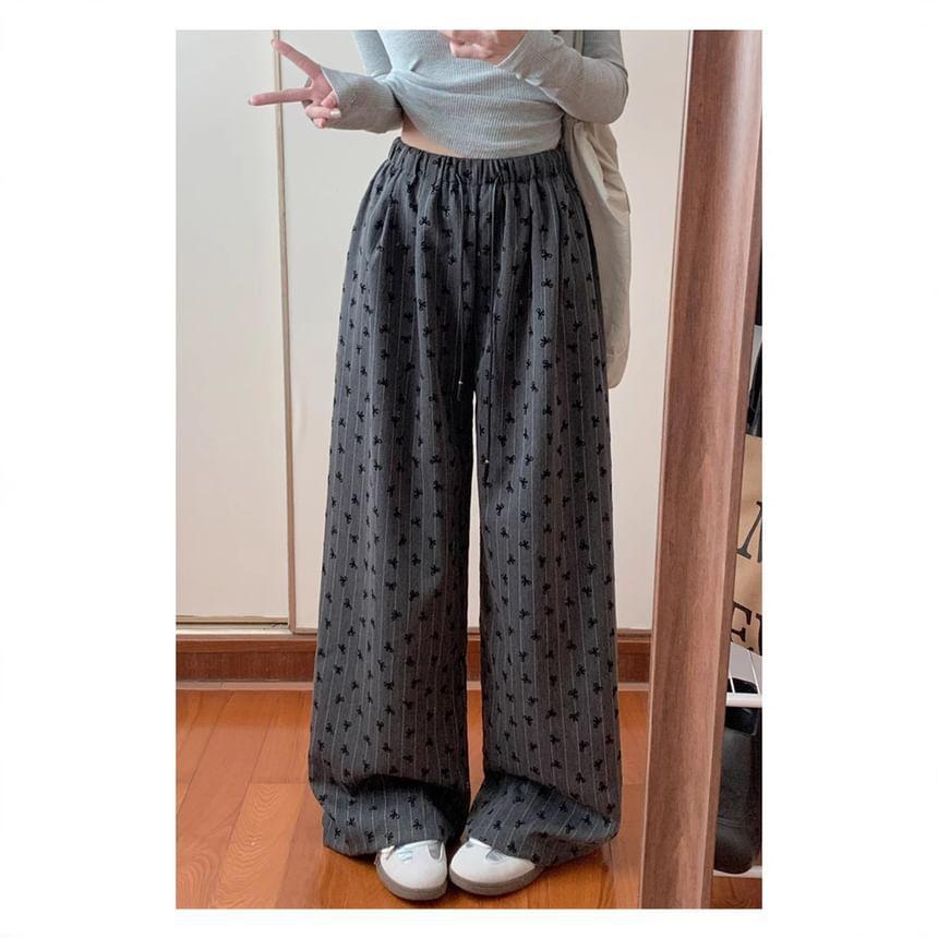 High Waist Bow Print Striped Loose-Fit Wide-Leg Pants Product Image