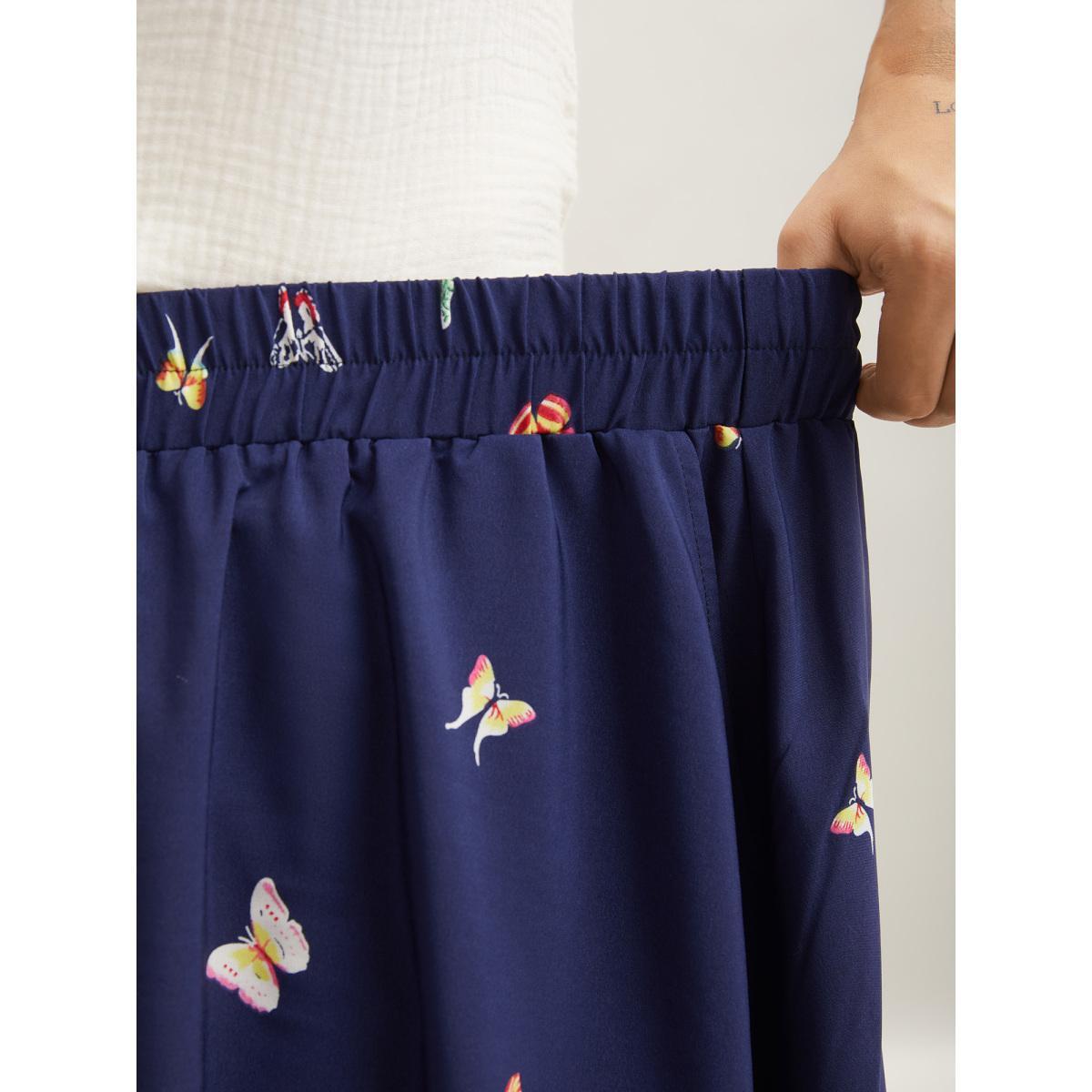 Plus Size Garden Print Pleated Midi Skirt Women DarkBlue Elegant Bodycon Low stretch Slanted pocket Everyday Skirts BloomChic 10/M Product Image