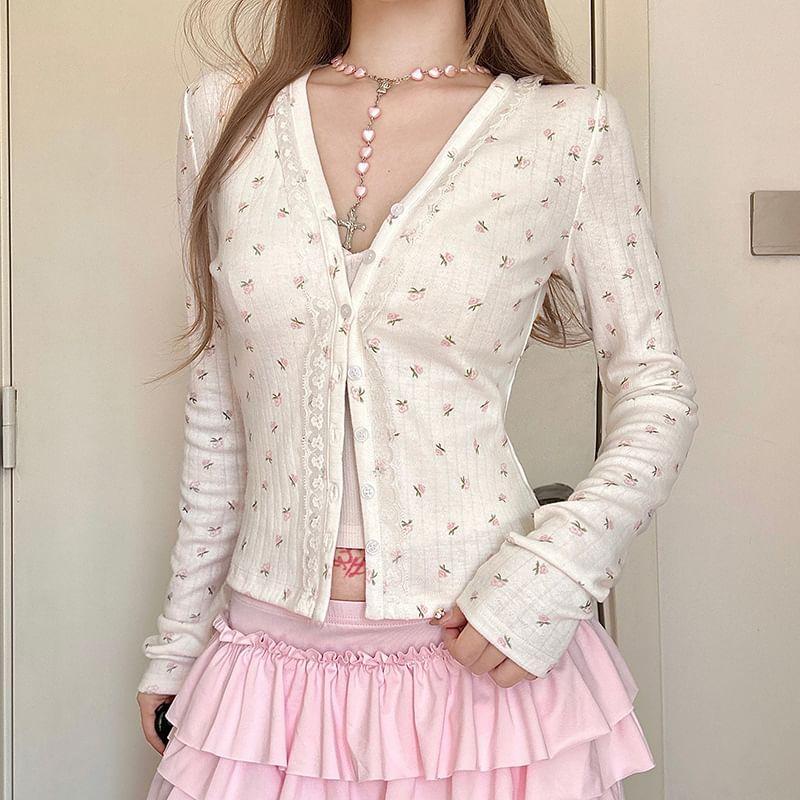 V-Neck Floral Embroidered Lace Trim Button-Up Cardigan Product Image