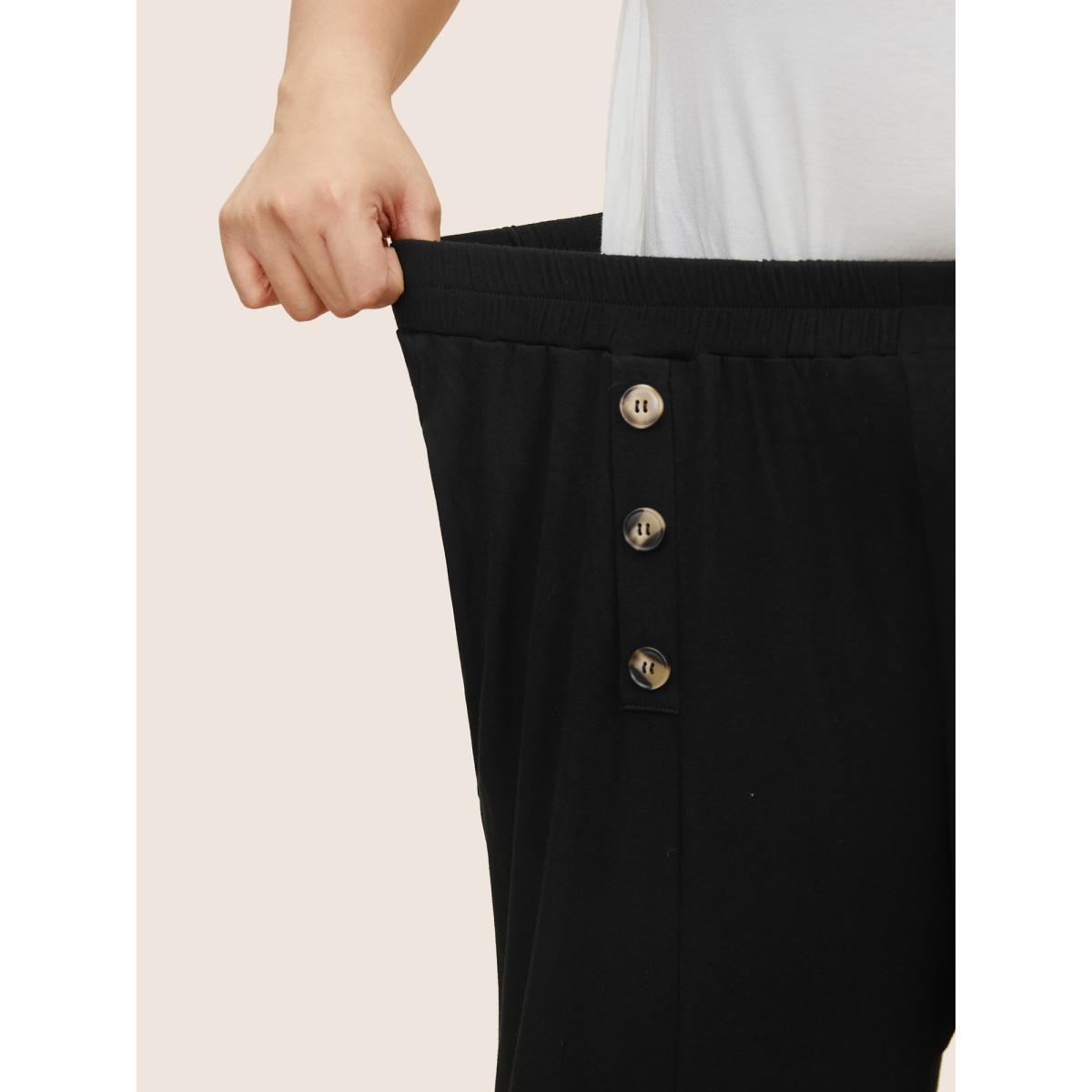 Plus Size Supersoft Essentials Button Detail Wide Leg Pants Women Black Elegant Wide Leg High Rise Everyday Pants BloomChic 12/L Product Image