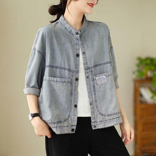 Washed Pocket Detail Denim Single-Breasted Jacket Product Image