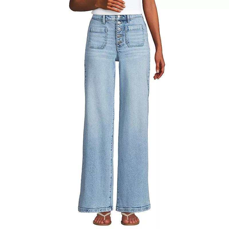 Lands' End Women's Denim High Rise Button Front Patch Pocket Wide Leg Jeans Product Image