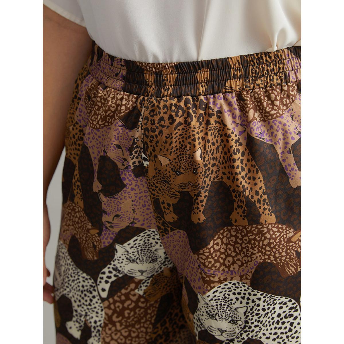 Plus Size Leopard Print Elastic Waist Straight Leg Pants Women Multicolor Casual Wide Leg High Rise Dailywear Pants BloomChic 28/5X Product Image