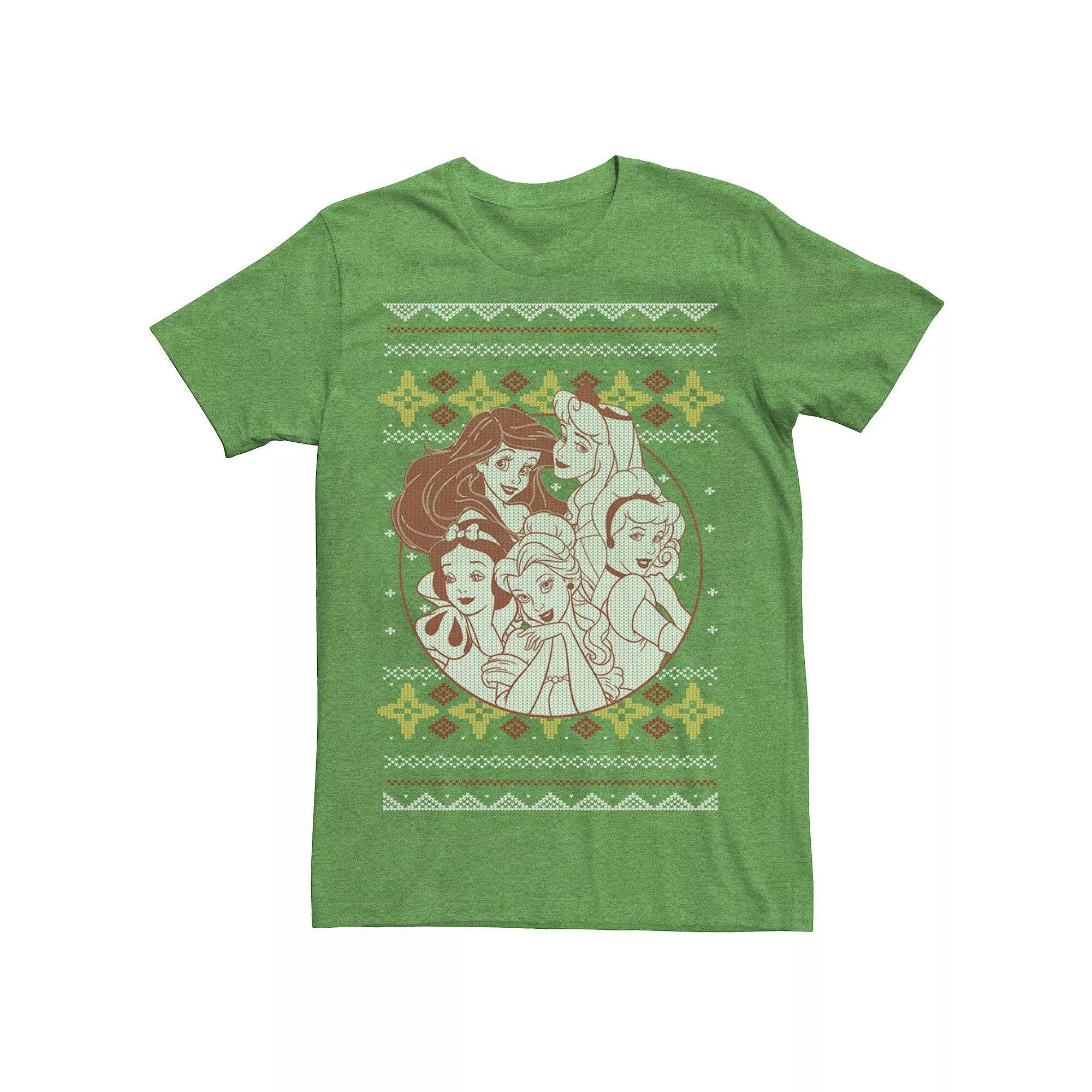 Mens Disney Princess Circle Group Shot Ugly Christmas Tee Kelly Grey Product Image