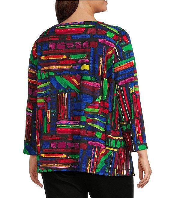 Ali Miles Plus Size Knit Brushstroke Print Round Neck 3/4 Sleeve Top Product Image