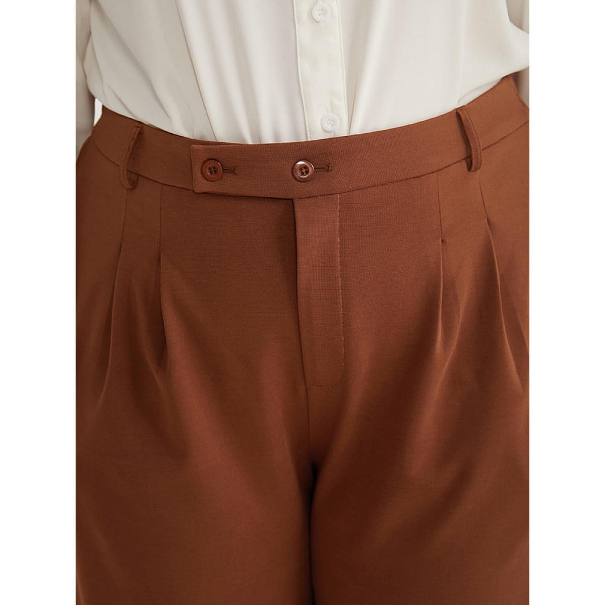 Plus Size Solid Pocket Plicated Detail Pants Women Chocolate Office Straight Leg High Rise Work Pants BloomChic 28/5X Product Image