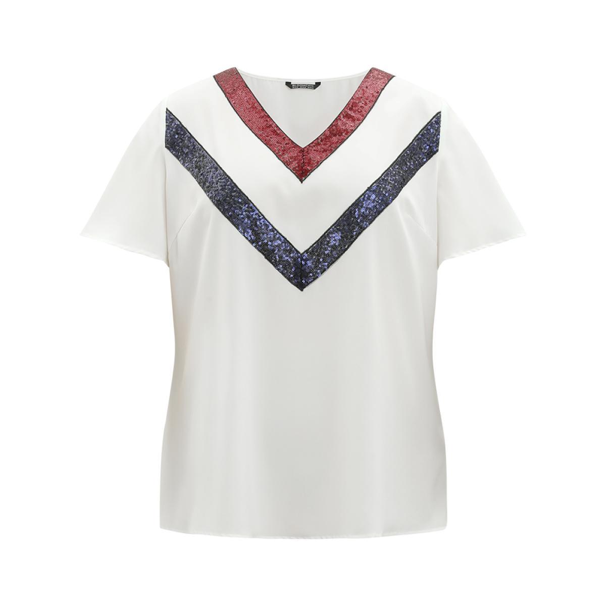 Plus Size White Contrast Webbing V Neck Ruffle Sleeve Blouse Women Party Short sleeve V-neck Going out Blouses BloomChic 10/M Product Image