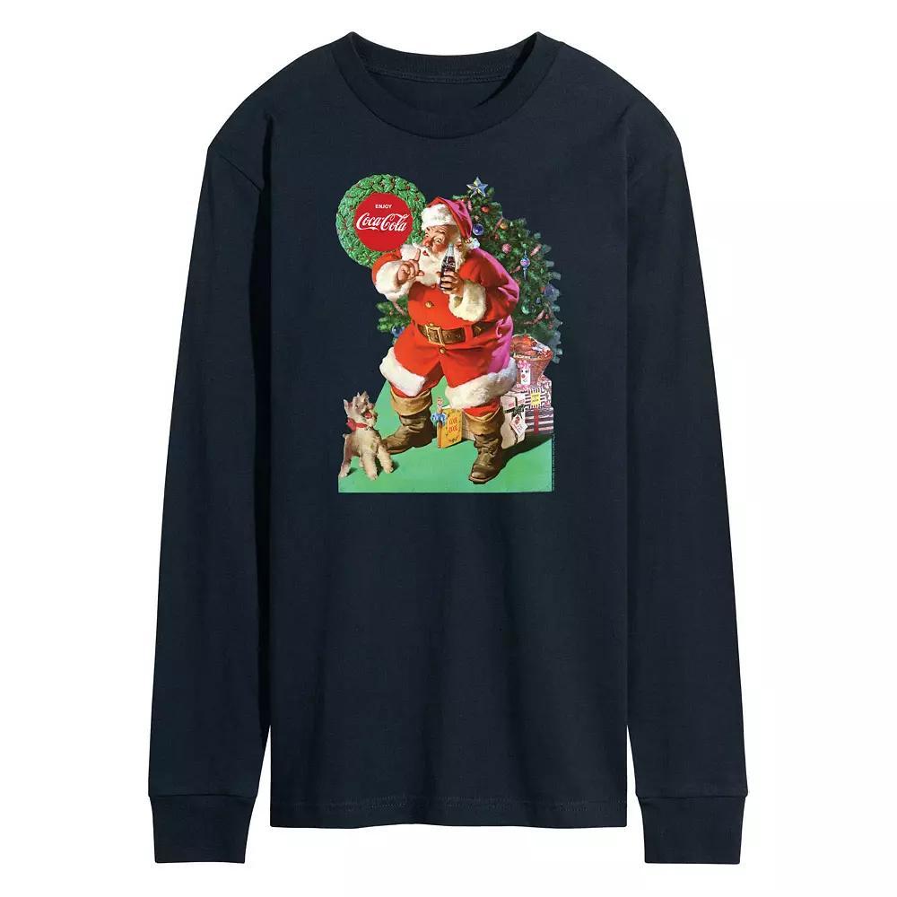 Mens CocaCola Vintage Santa With Dog Long Sleeve Graphic Tee Blue Product Image