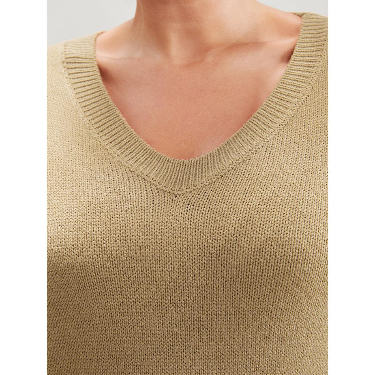 Plus Size Plain Pointelle Knit V Neck Knit Top Tan Women Casual Loose Long Sleeve V-neck Dailywear Pullovers BloomChic 26/4X Product Image