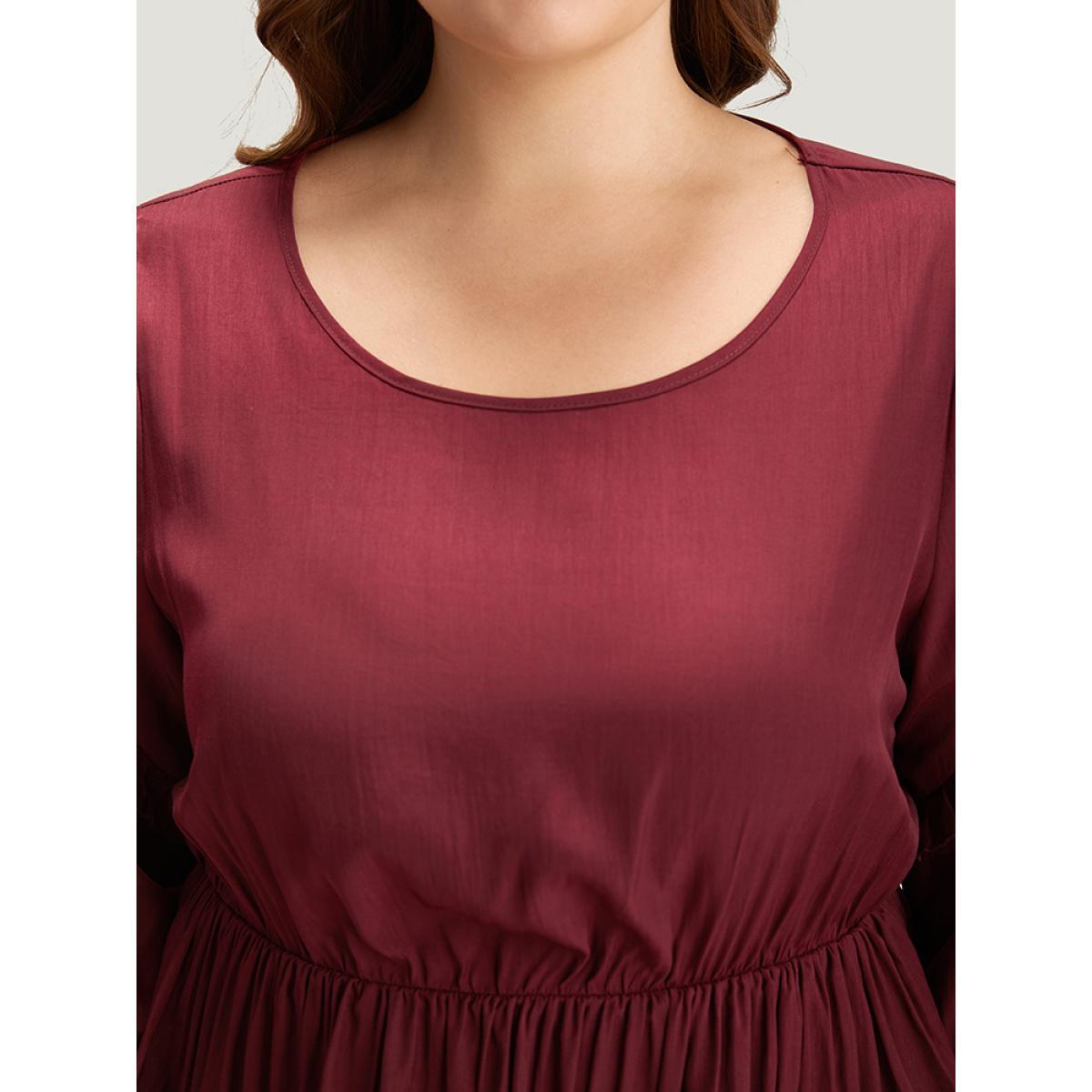 Plus Size Burgundy Plain Frill Trim Layered Hem Lantern Sleeve Blouse Women Elegant Elbow-length sleeve Round Neck Dailywear Blouses BloomChic 30/6X Product Image