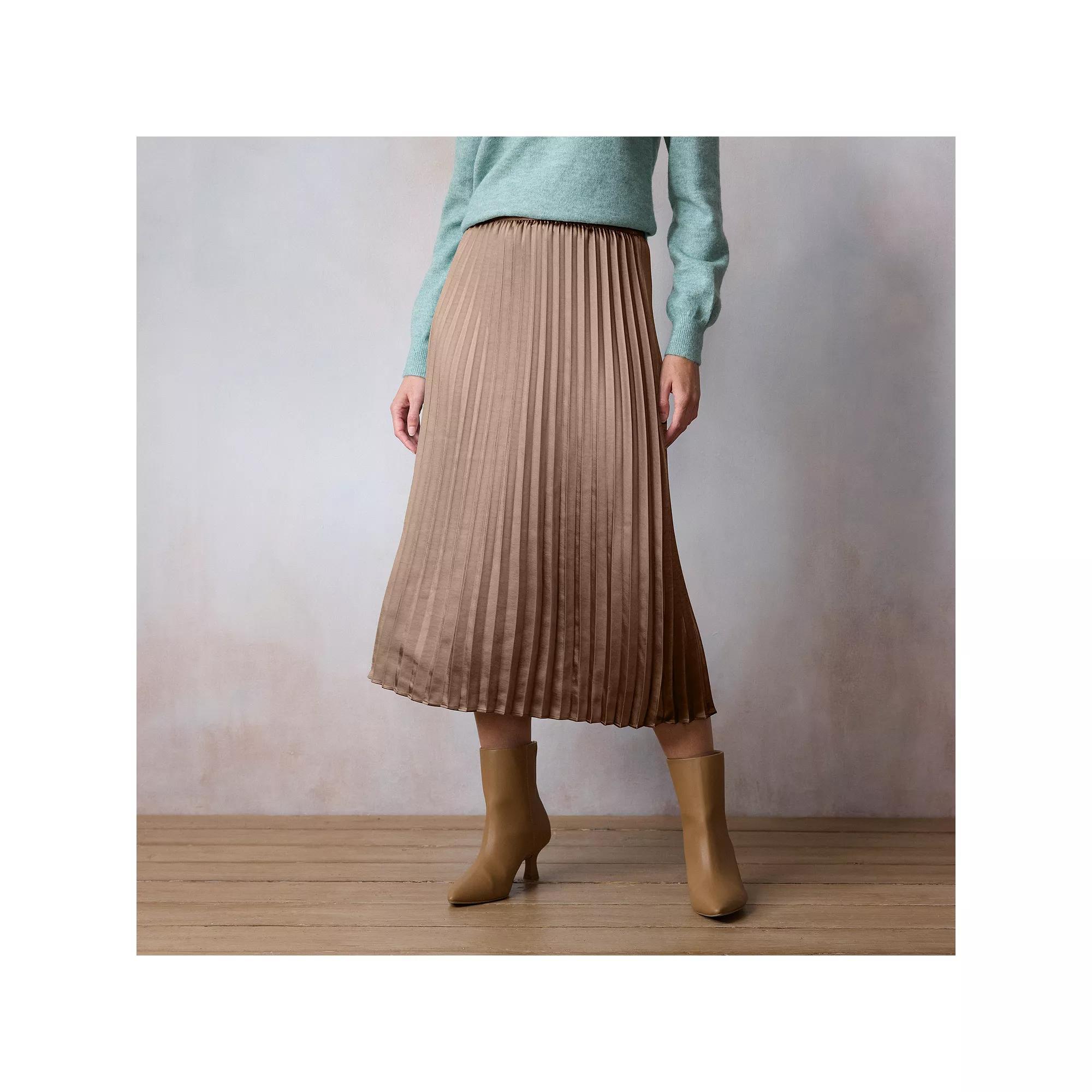 Womens LC Lauren Conrad Pleated Pull-On Midi Skirt Brown Silk Product Image