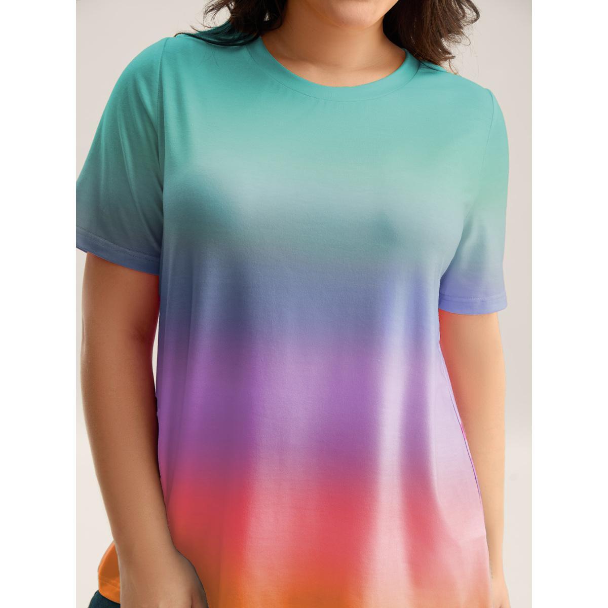 Plus Size Ombre Gradient Crew Neck Curvy T-Shirt Mint Women Non Round Neck Everyday-Casual T-shirts BloomChic 22-24/3X Product Image