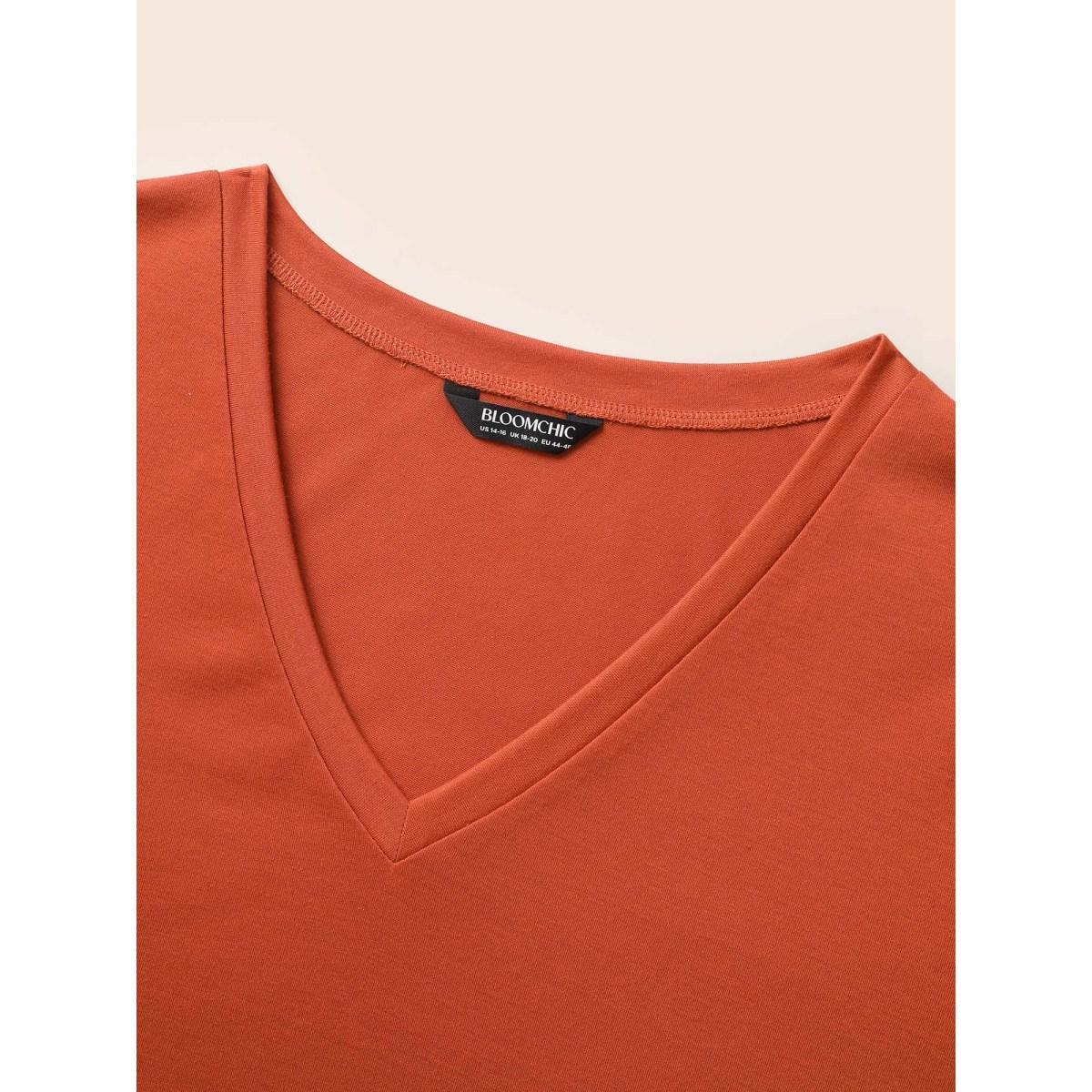 Plus Size V Neck Floral Embroidered T-shirt Rust Women Resort Embroidered V-neck Vacation T-shirts BloomChic 12/L Product Image
