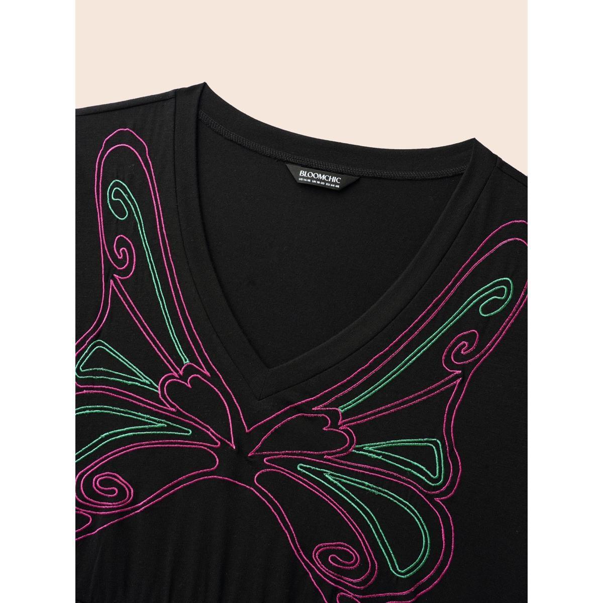 Plus Size Butterfly Embroidered V Neck Midi Dress Black Women Elegant Embroidered V-neck Long Sleeve Curvy BloomChic 10/M Product Image