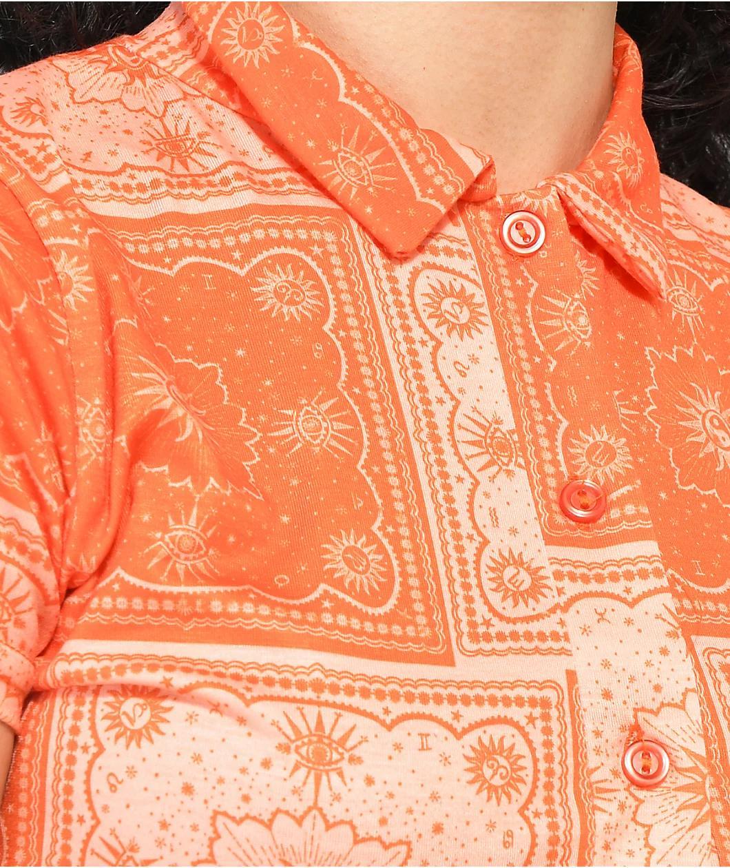 Daisy Street Bandana Orange Short Sleeve Crop Button Up Shirt Product Image