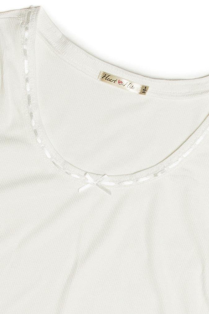 White Satin Bow Ribbed Shirt Product Image