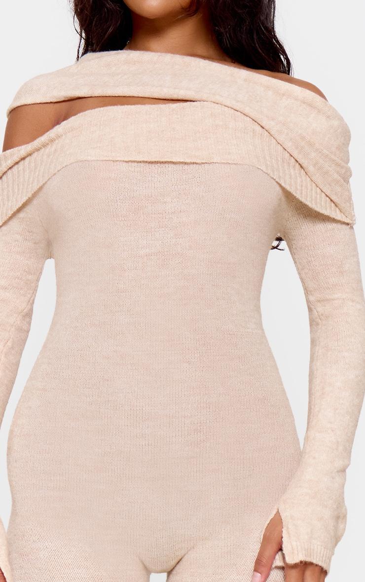 Oatmeal Soft Knit Bardot Foldover Asymmetric Neck Jumpsuit Product Image
