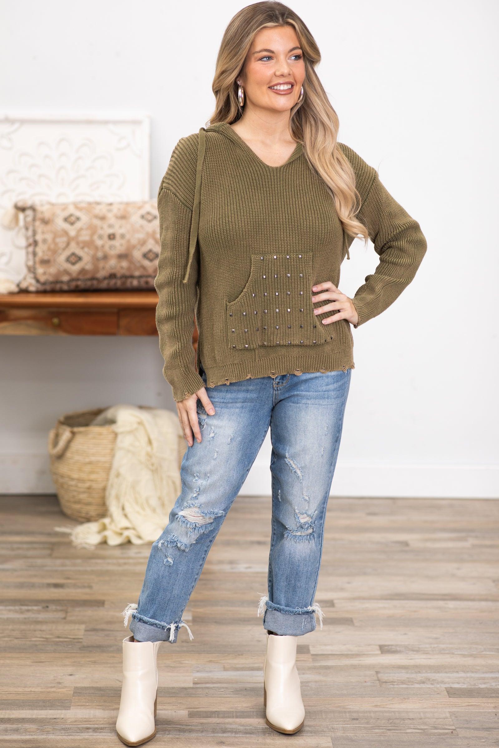 Olive Hooded Sweater With Studded Pocket Product Image