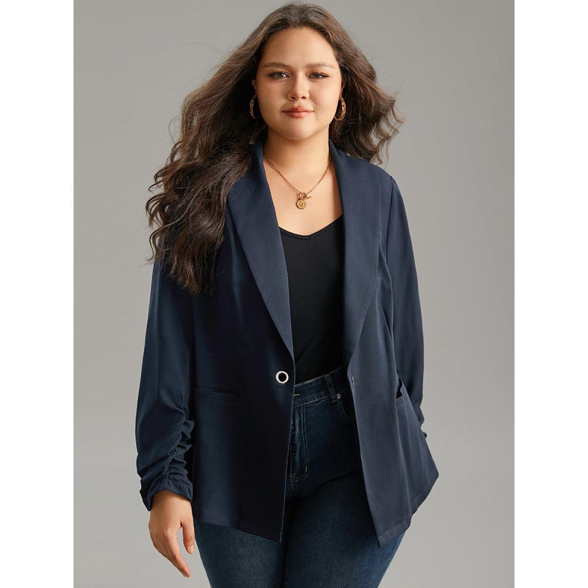 Plus Size Plain Lapel Collar Button Fly Patched Pocket Blazer Midnight Women Dailywear Plain Plain Sleeve Long Sleeve Lapel Collar 30/6X Pocket Casual Blazers BloomChic Product Image