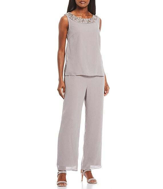 Le Bos Round Neck 3/4 Sleeve Embroidered Sequin Trim 3-Piece Pant Set Product Image